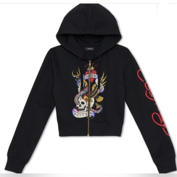 Ed Hardy Tops - Ed Hardy Black New York City Nyc Skull Cropped Hoodie Size Large.
